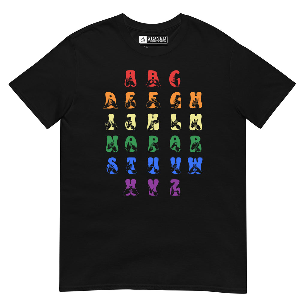 Front view of a black t-shirt with BSL Alphabet - Pride Fingerspelling & Text