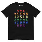 Front view of a black t-shirt with BSL Alphabet - Pride Fingerspelling & Text