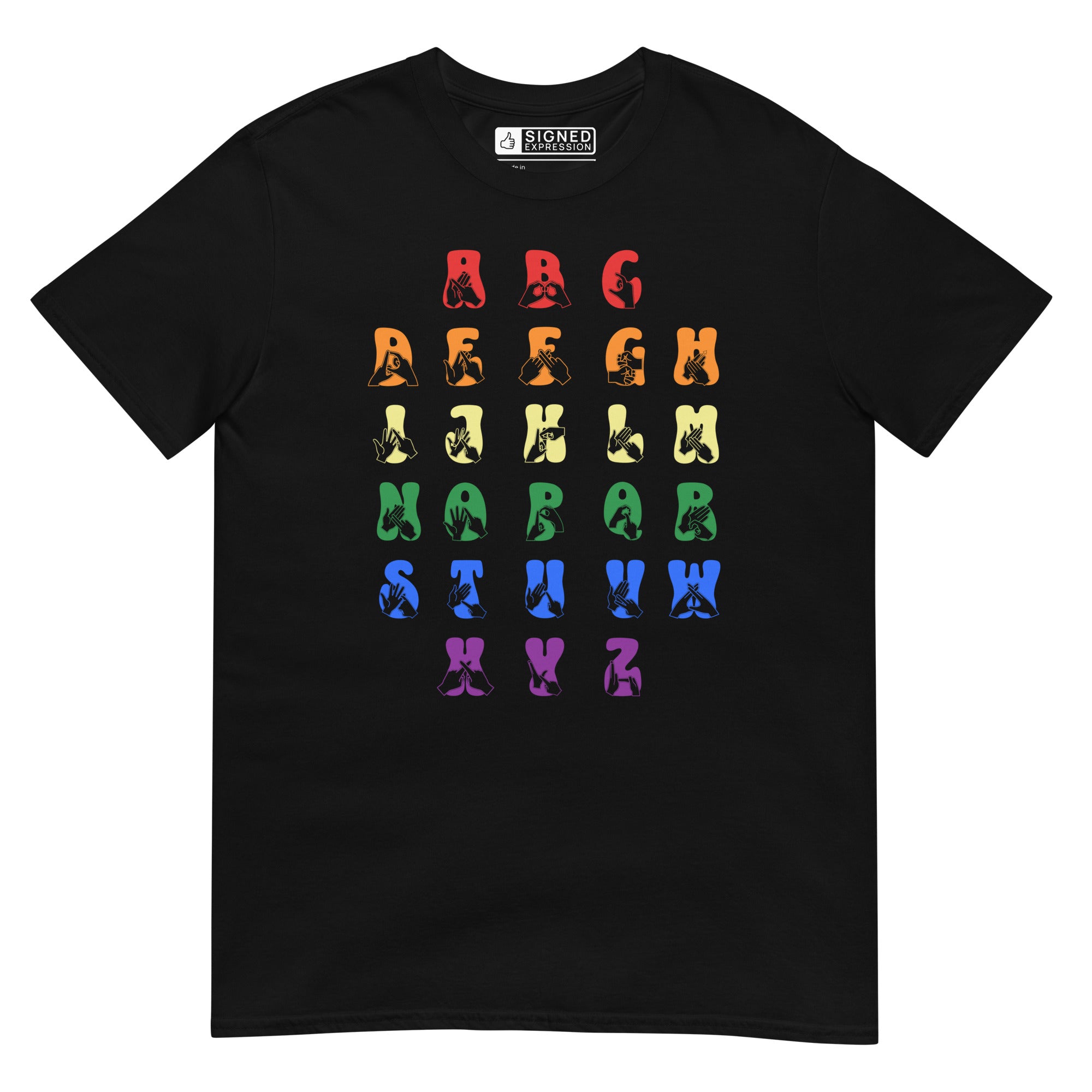 Front view of a black t-shirt with BSL Alphabet - Pride Fingerspelling & Text