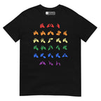 Front view of a black t-shirt with BSL Alphabet - Pride Fingerspelling