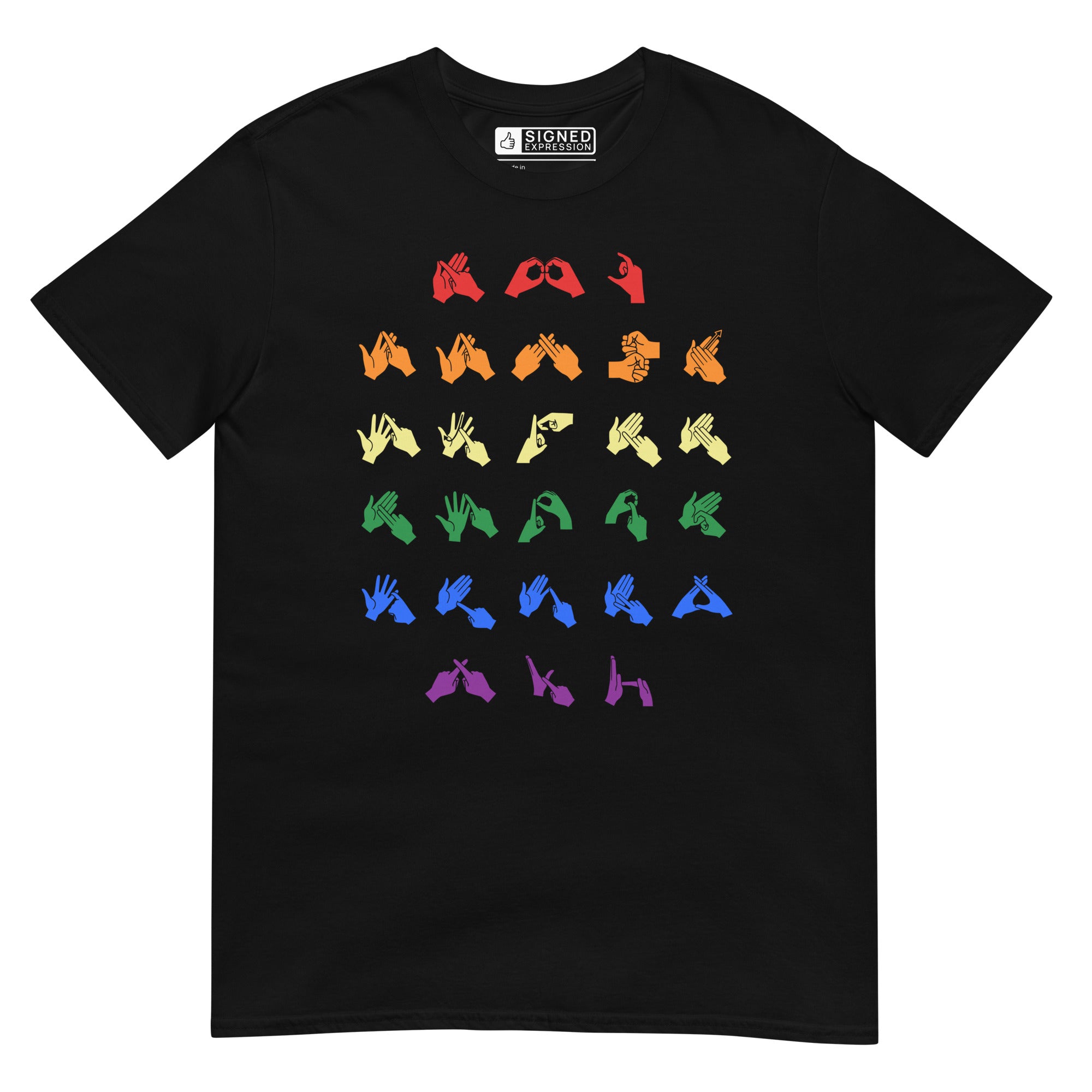 Front view of a black t-shirt with BSL Alphabet - Pride Fingerspelling