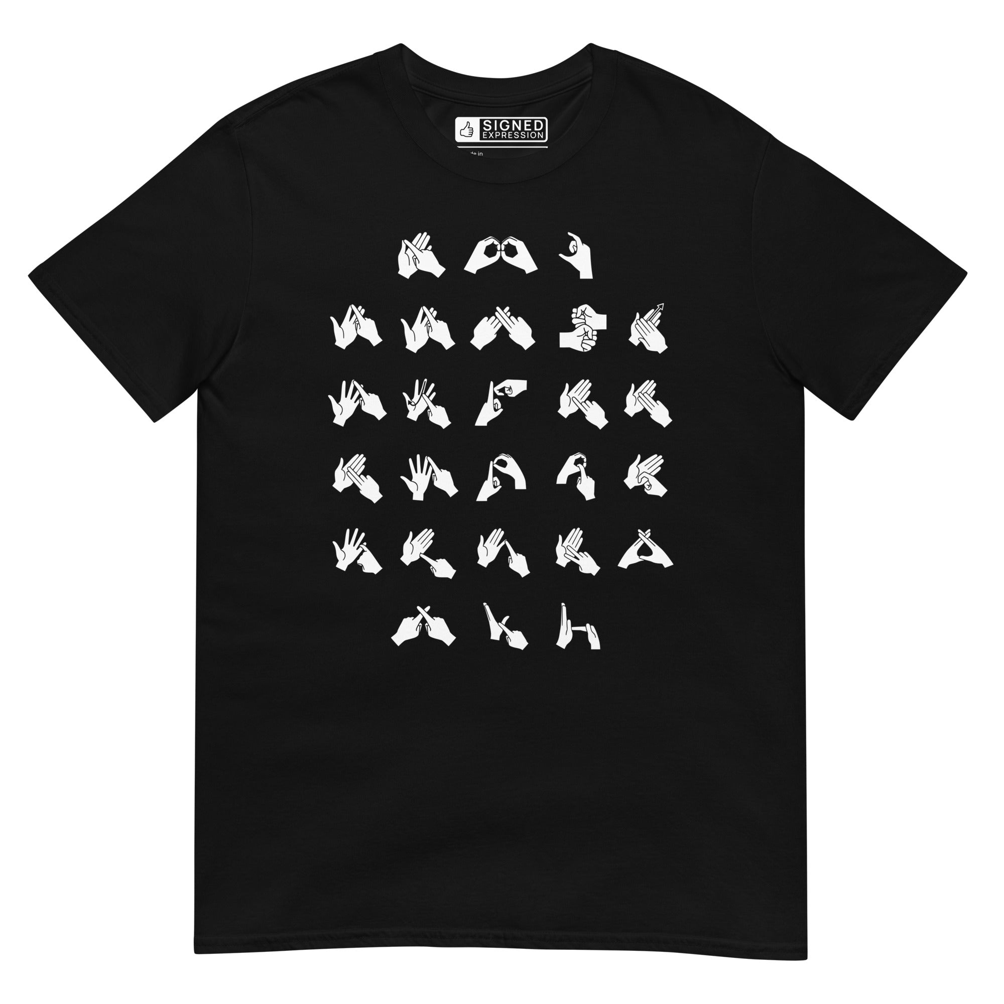 Front view of a black t-shirt with BSL Alphabet - White Fingerspelling