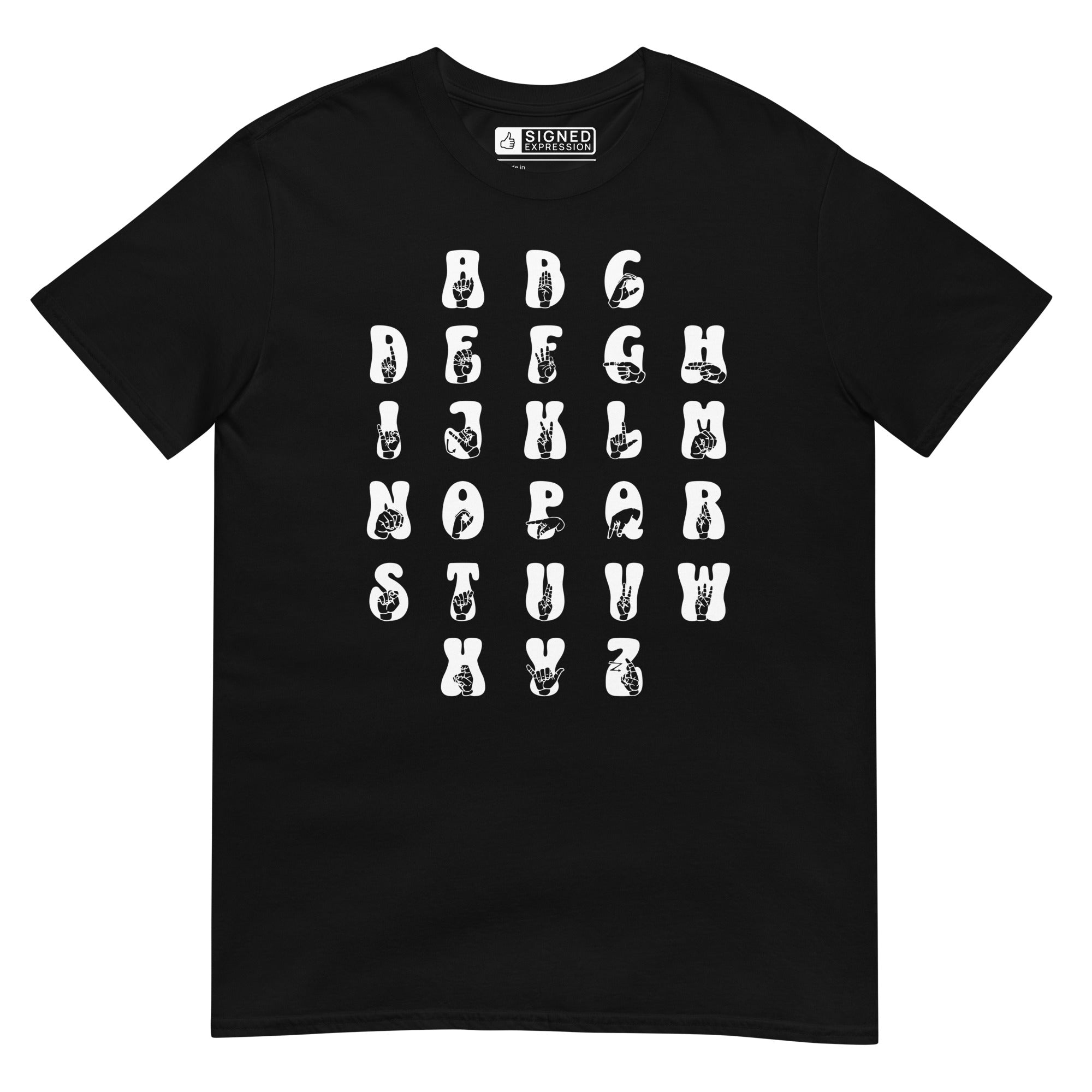 Front view of a black t-shirt with ASL Alphabet - White Fingerspelling & Text