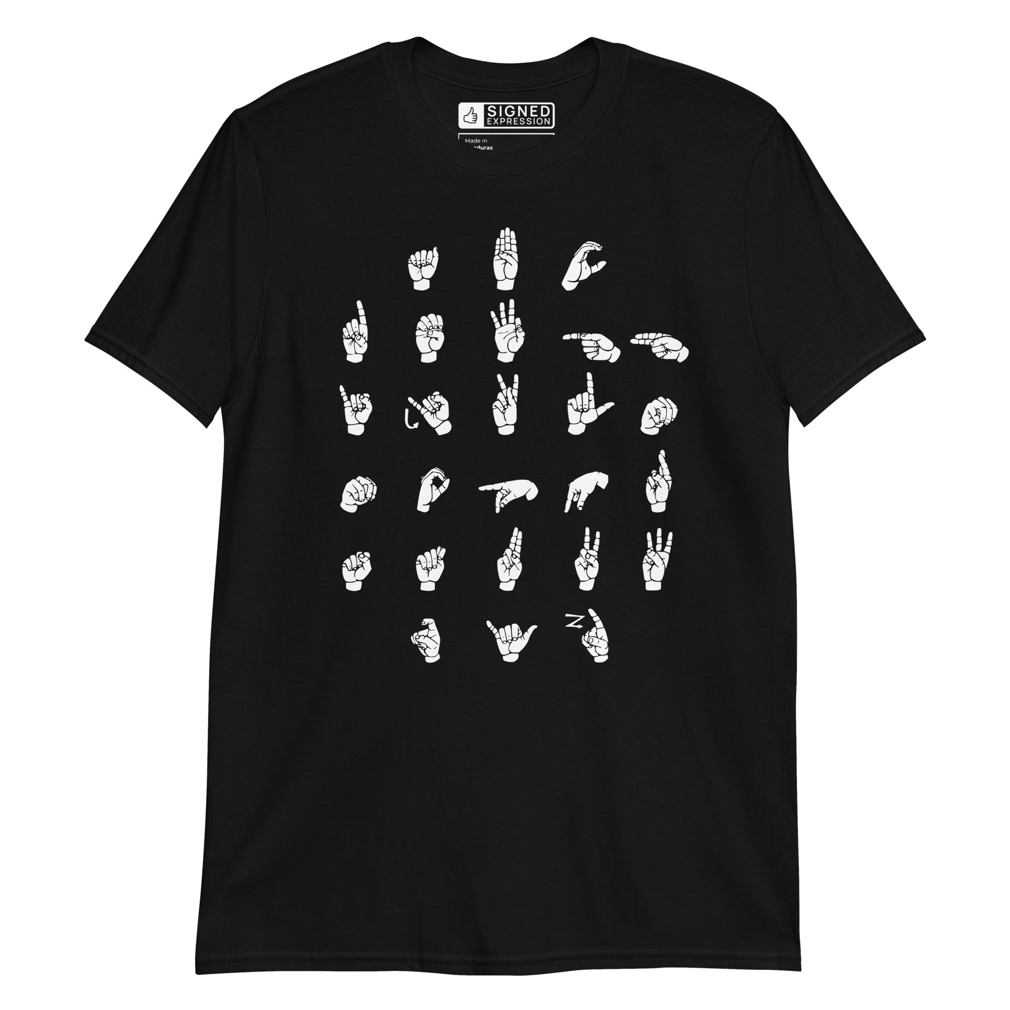 Front view of a black t-shirt with ASL Alphabet - White Fingerspelling