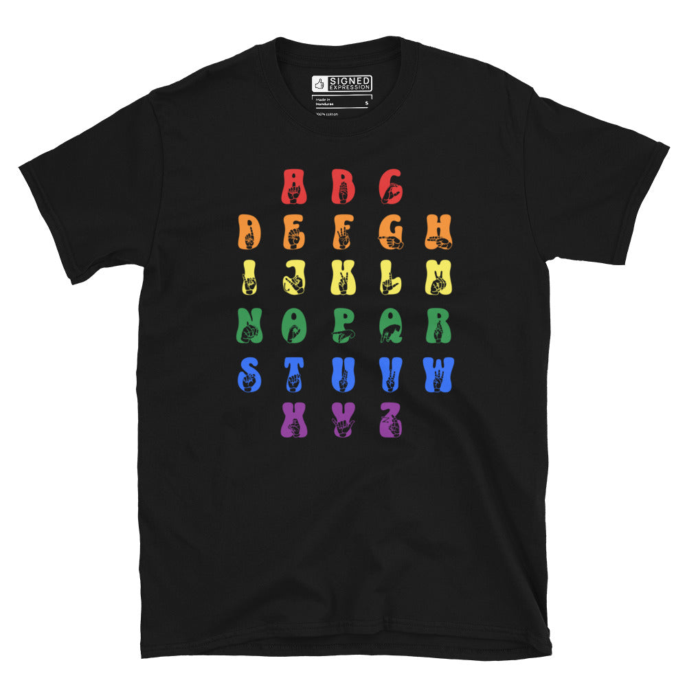 Front view of a black t-shirt with ASL Alphabet - Pride Fingerspelling & Text