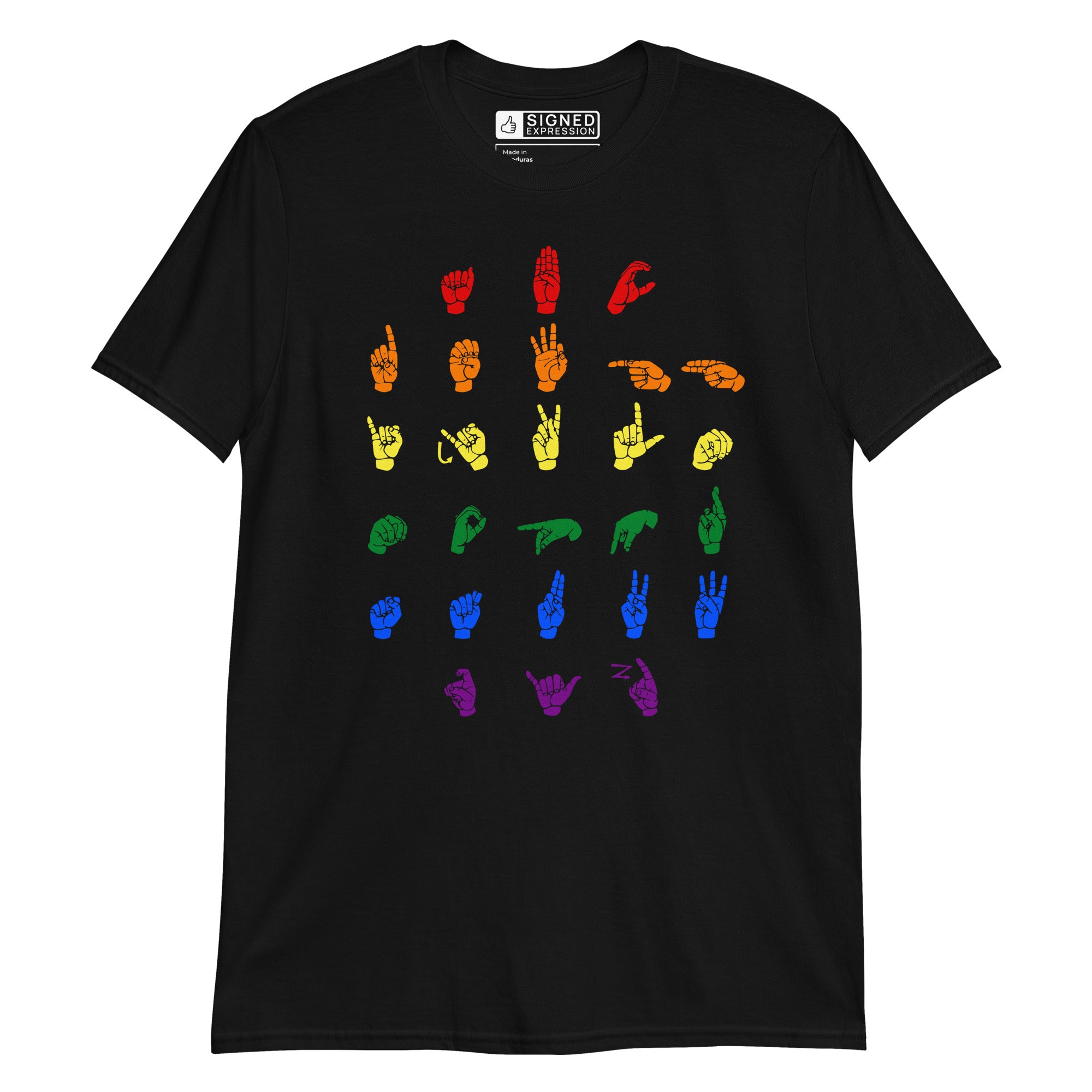 Front view of a black t-shirt with ASL Alphabet - Pride Fingerspelling