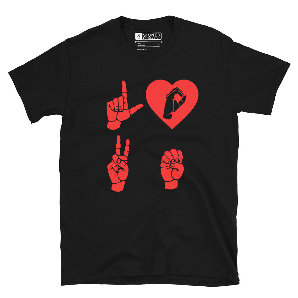 Black coloured  T-Shirt with the word Love in red ASL Fingerspelling with the 'O' embedded in a heart shape