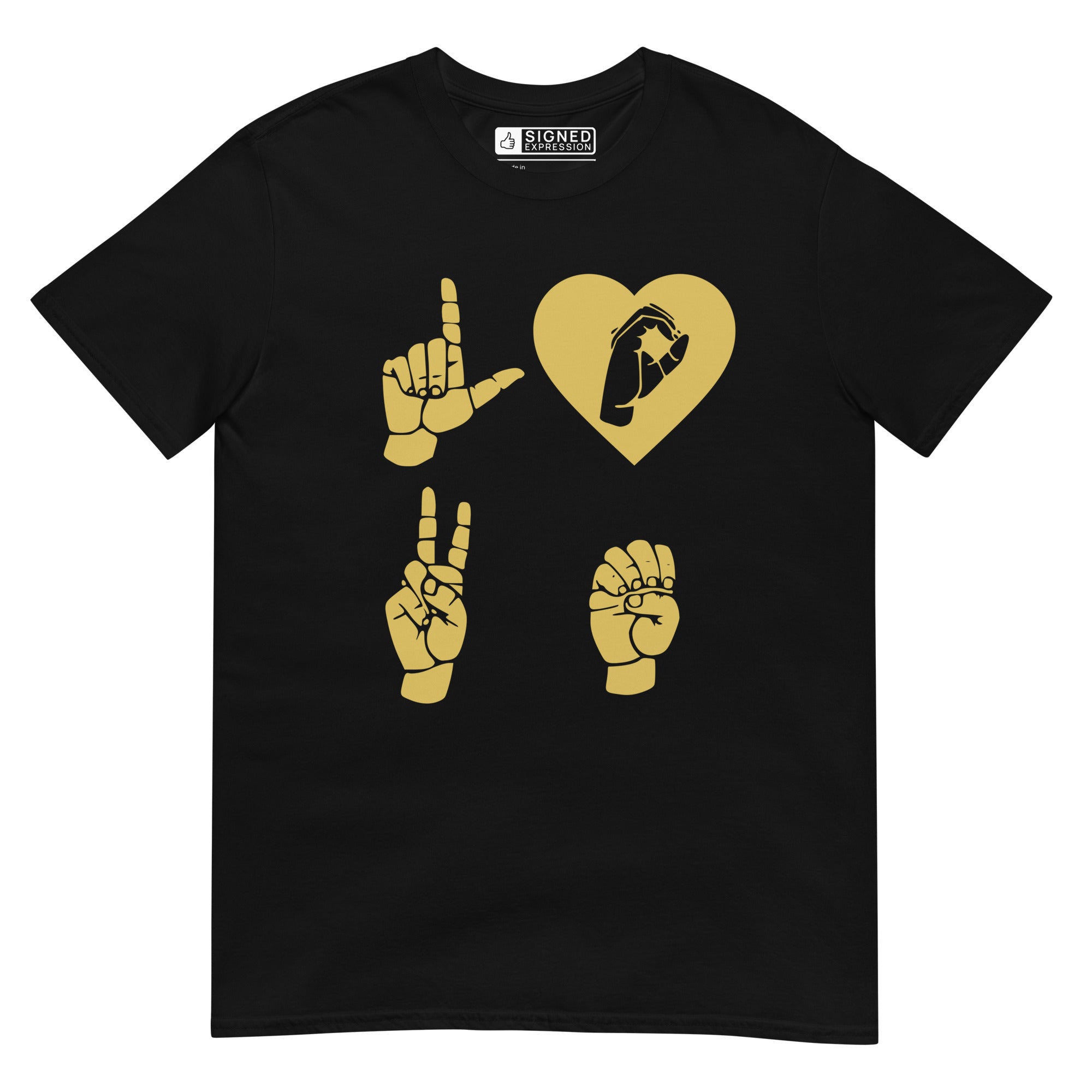 Black coloured  T-Shirt with the word Love in gold ASL Fingerspelling with the 'O' embedded in a heart shape