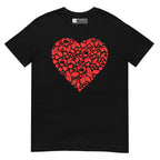 Black coloured T-Shirt showing a red  coloured heart shaped mosaic formed from smaller love hearts, BSL fingerspelling that spells LOVE, and heart shapes embedded with the BSL sign for love