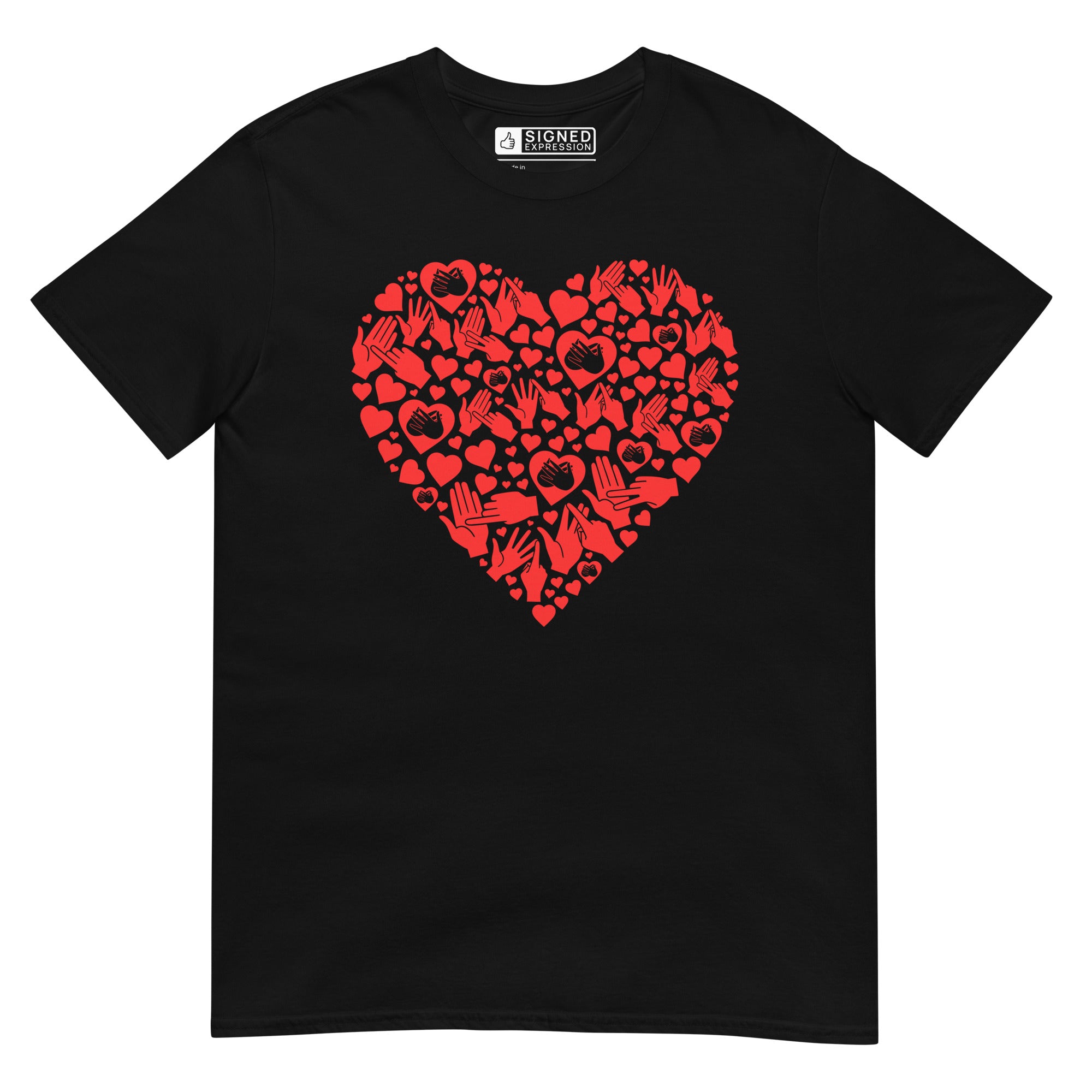 Black coloured T-Shirt showing a red  coloured heart shaped mosaic formed from smaller love hearts, BSL fingerspelling that spells LOVE, and heart shapes embedded with the BSL sign for love