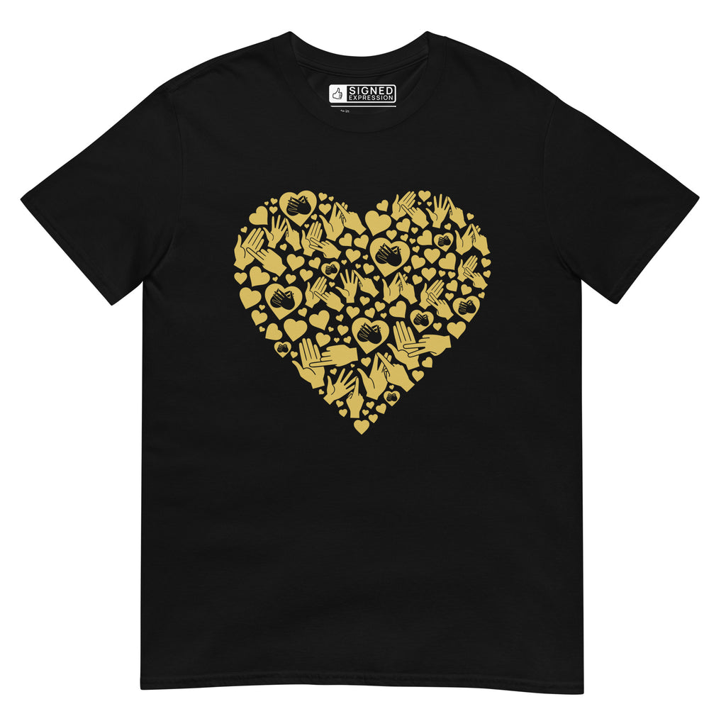 Black coloured T-Shirt showing a gold coloured heart shaped mosaic formed from smaller love hearts, BSL fingerspelling that spells LOVE, and heart shapes embedded with the BSL sign for love