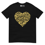 Black coloured T-Shirt showing a gold coloured heart shaped mosaic formed from smaller love hearts, BSL fingerspelling that spells LOVE, and heart shapes embedded with the BSL sign for love