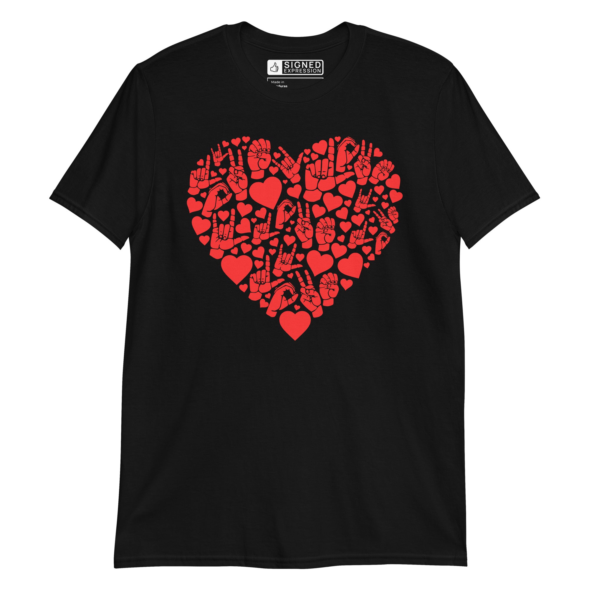 Black coloured T-Shirt showing a red  coloured heart shaped mosaic formed from smaller love hearts, ASL fingerspelling that spells LOVE, and the ASL sign for I love you