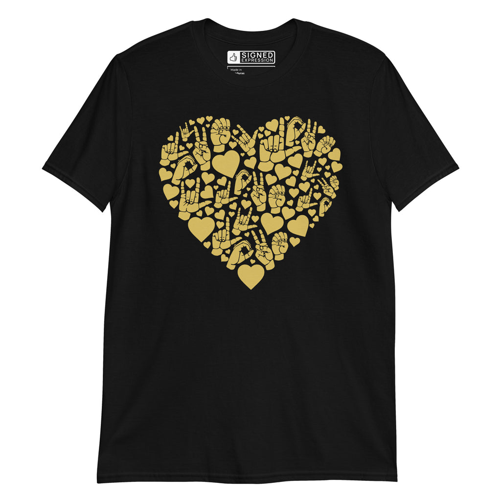 Black colored T-Shirt showing a gold colored heart shaped mosaic formed from smaller love hearts, ASL fingerspelling that spells LOVE, and the ASL sign for I love you
