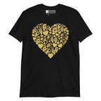Black colored T-Shirt showing a gold colored heart shaped mosaic formed from smaller love hearts, ASL fingerspelling that spells LOVE, and the ASL sign for I love you