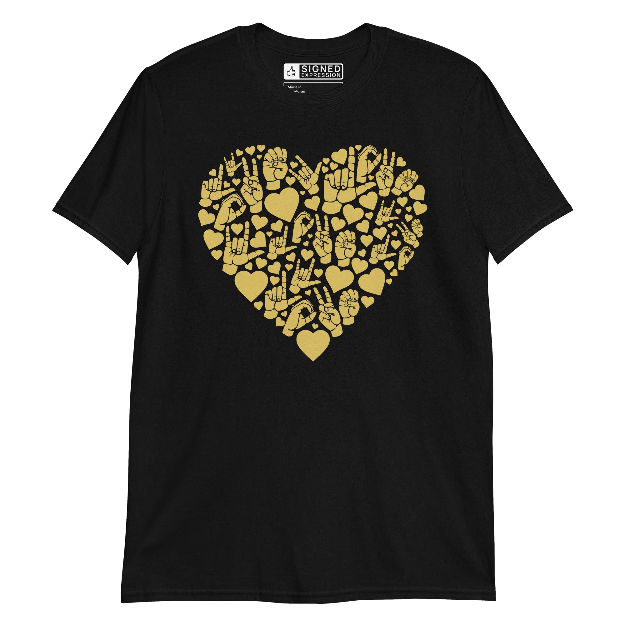 Black colored T-Shirt showing a gold colored heart shaped mosaic formed from smaller love hearts, ASL fingerspelling that spells LOVE, and the ASL sign for I love you