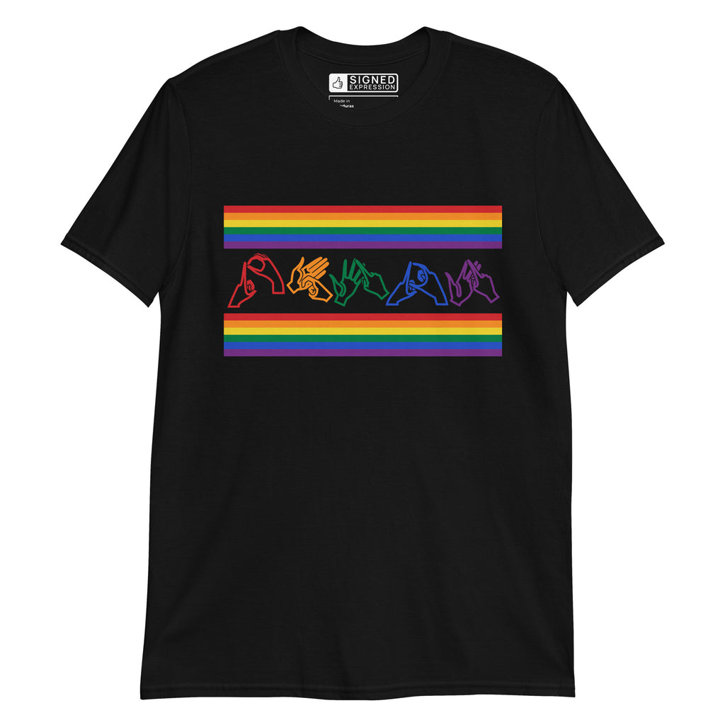 Black t-shirt with pride rainbow stripes and the word pride in BSL fingerspelling