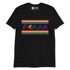 Black t-shirt with pride rainbow stripes and the word pride in BSL fingerspelling