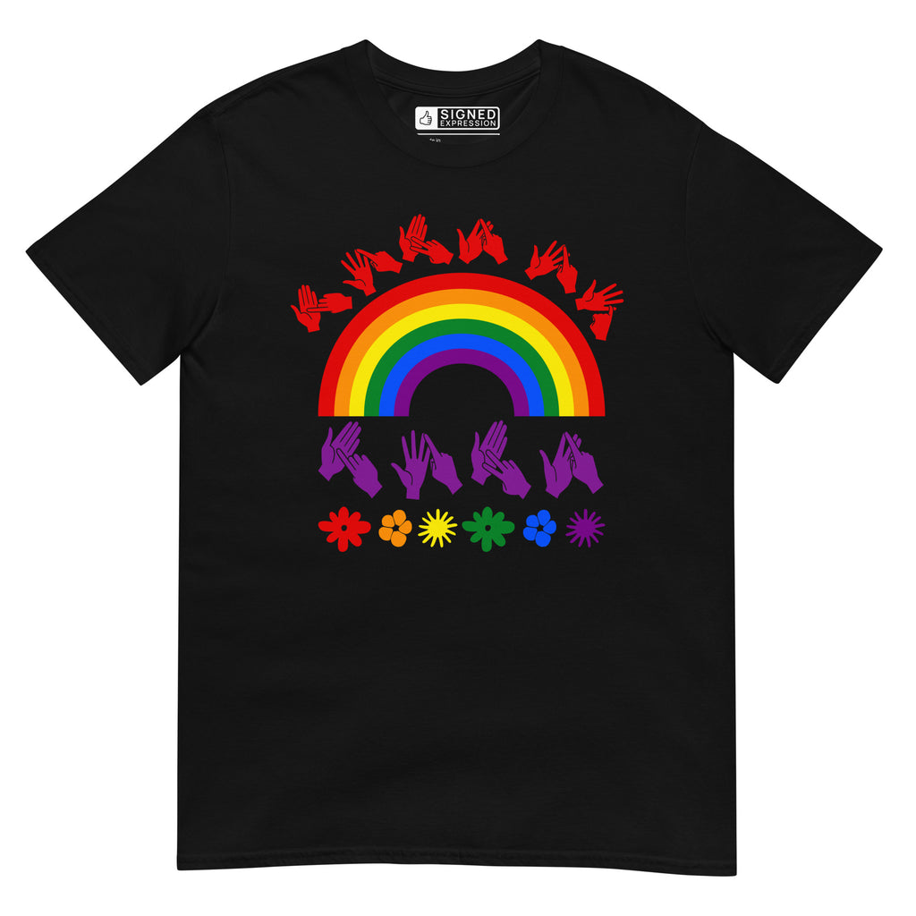 Black t-shirt with pride rainbow surrounded by the phrase "Love Is Love" in BSL fingerspelling