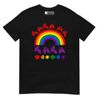 Black t-shirt with pride rainbow surrounded by the phrase "Love Is Love" in BSL fingerspelling