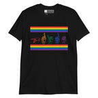 Black t-shirt with pride rainbow stripes and the word pride in ASL fingerspelling