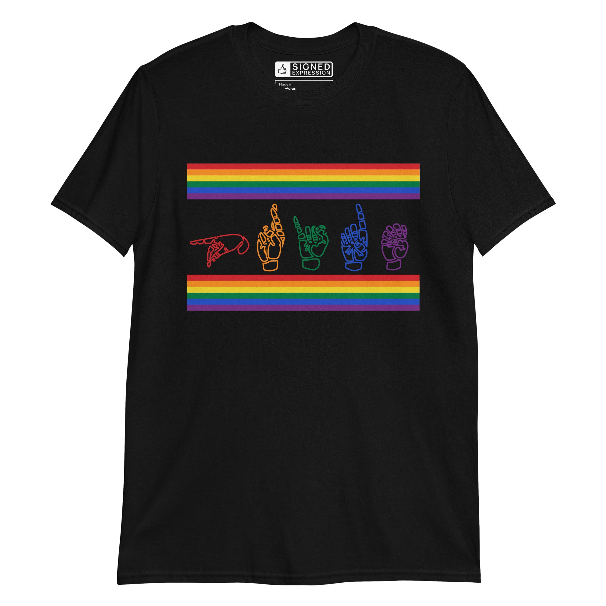 Black t-shirt with pride rainbow stripes and the word pride in ASL fingerspelling