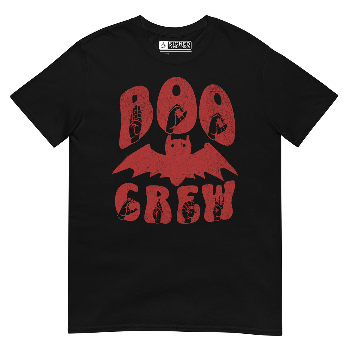 Black Boo Crew bat Halloween t-shirt with ASL design.