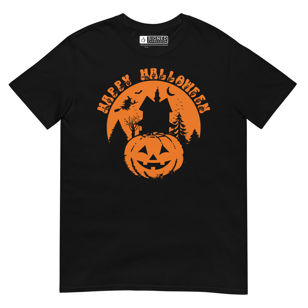 Black Happy Halloween pumpkin haunted house t-shirt with ASL design