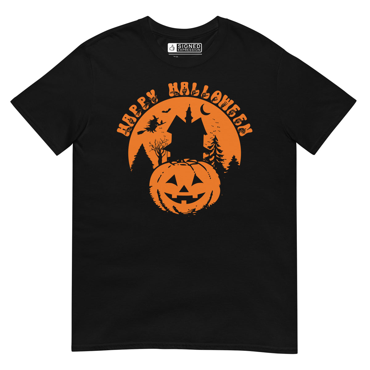 Black Happy Halloween pumpkin haunted house t-shirt with ASL design