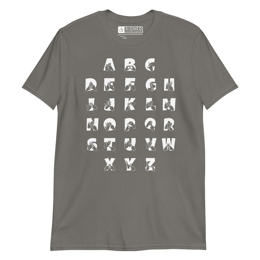 Front view of a charcoal t-shirt with BSL Alphabet - White Fingerspelling & Text