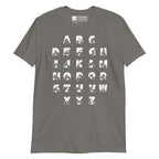 Front view of a charcoal t-shirt with BSL Alphabet - White Fingerspelling & Text
