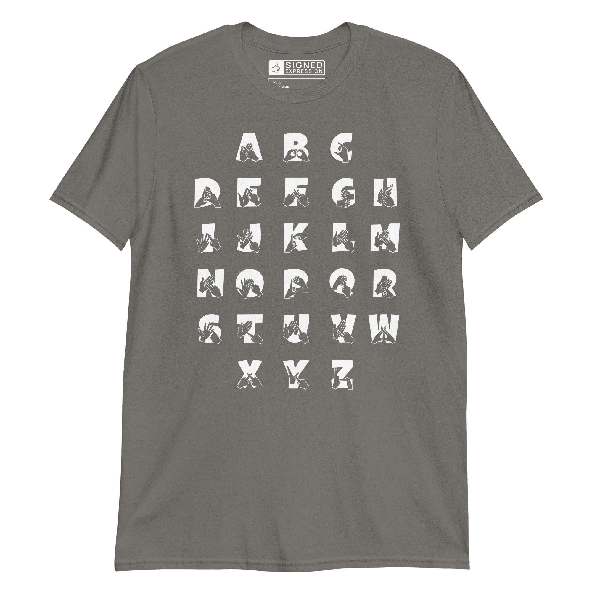 Front view of a charcoal t-shirt with BSL Alphabet - White Fingerspelling & Text