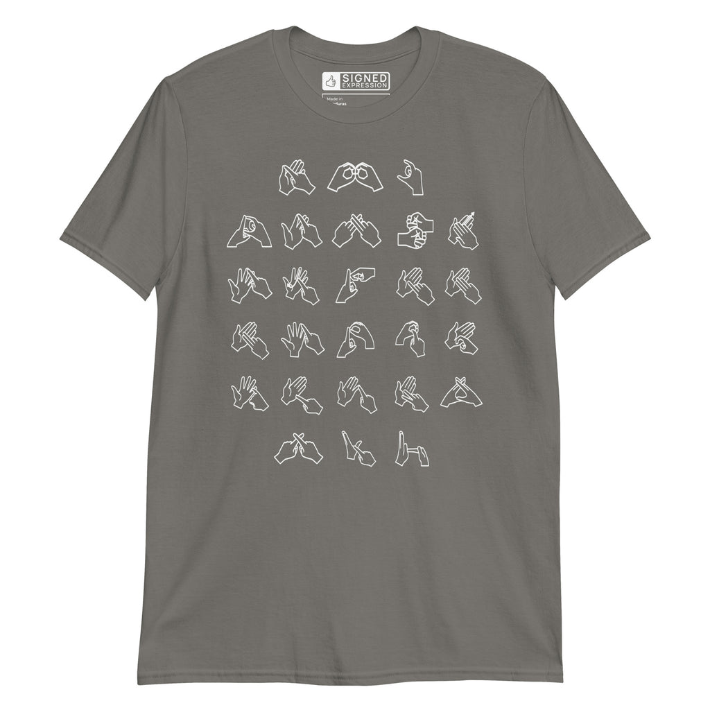 Front view of a charcoal t-shirt with BSL Alphabet - White Fingerspelling