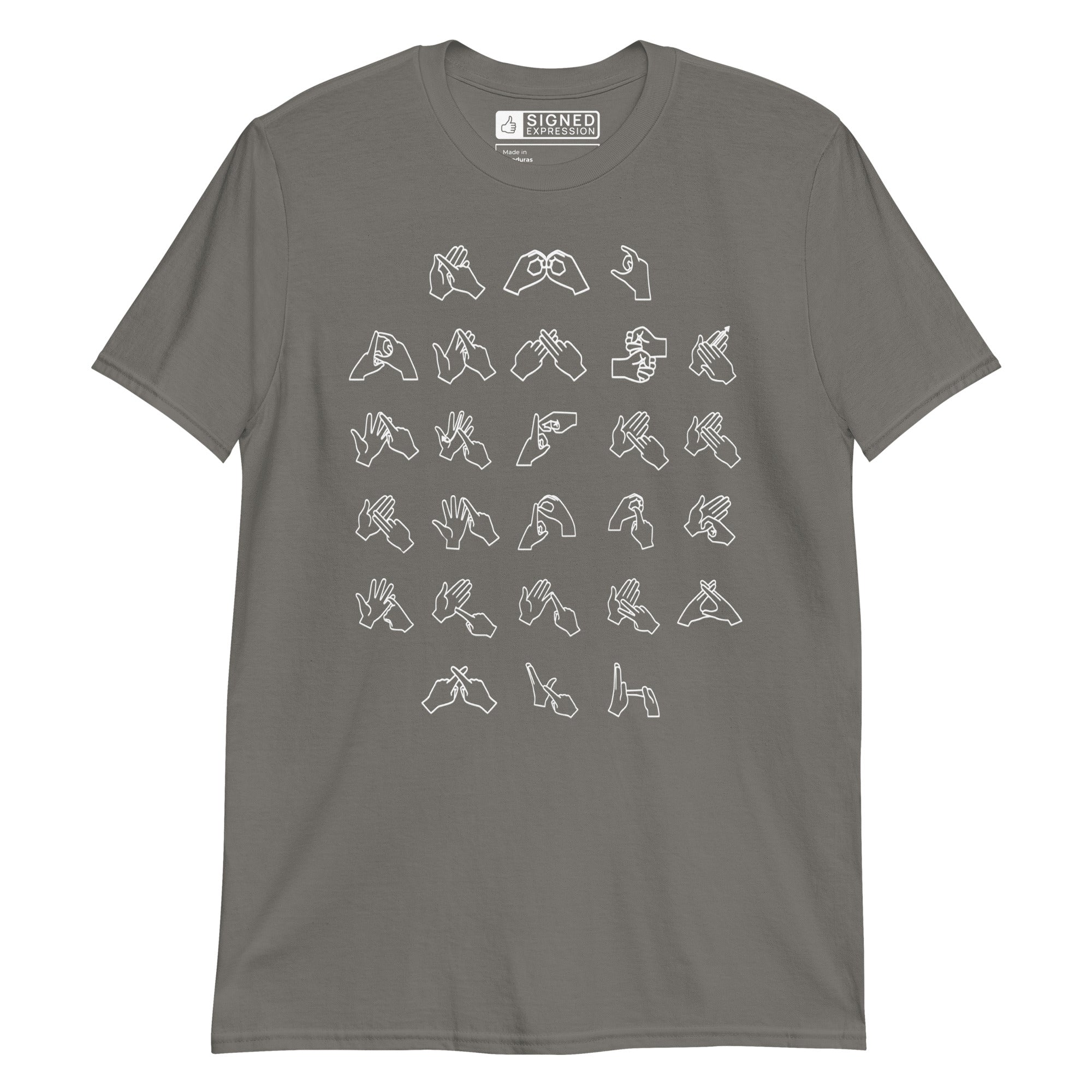 Front view of a charcoal t-shirt with BSL Alphabet - White Fingerspelling