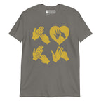 Charcoal coloured  T-Shirt with the word Love in gold BSL Fingerspelling with the 'O' embedded in a heart shape