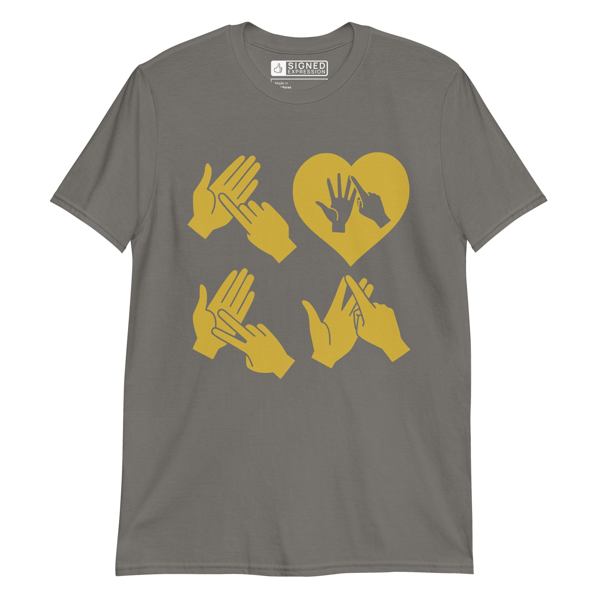Charcoal coloured  T-Shirt with the word Love in gold BSL Fingerspelling with the 'O' embedded in a heart shape