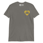 Charcoal coloured T-Shirt showing a gold coloured heart and the iconic BSL Love sign embedded in it on the left side of the chest