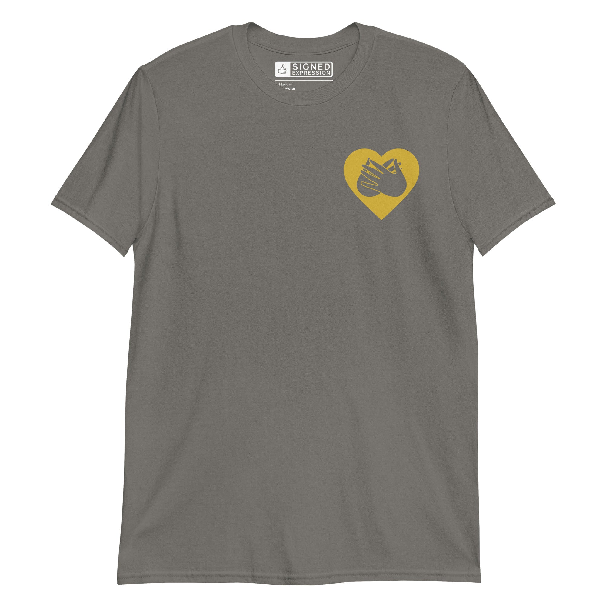 Charcoal coloured T-Shirt showing a gold coloured heart and the iconic BSL Love sign embedded in it on the left side of the chest