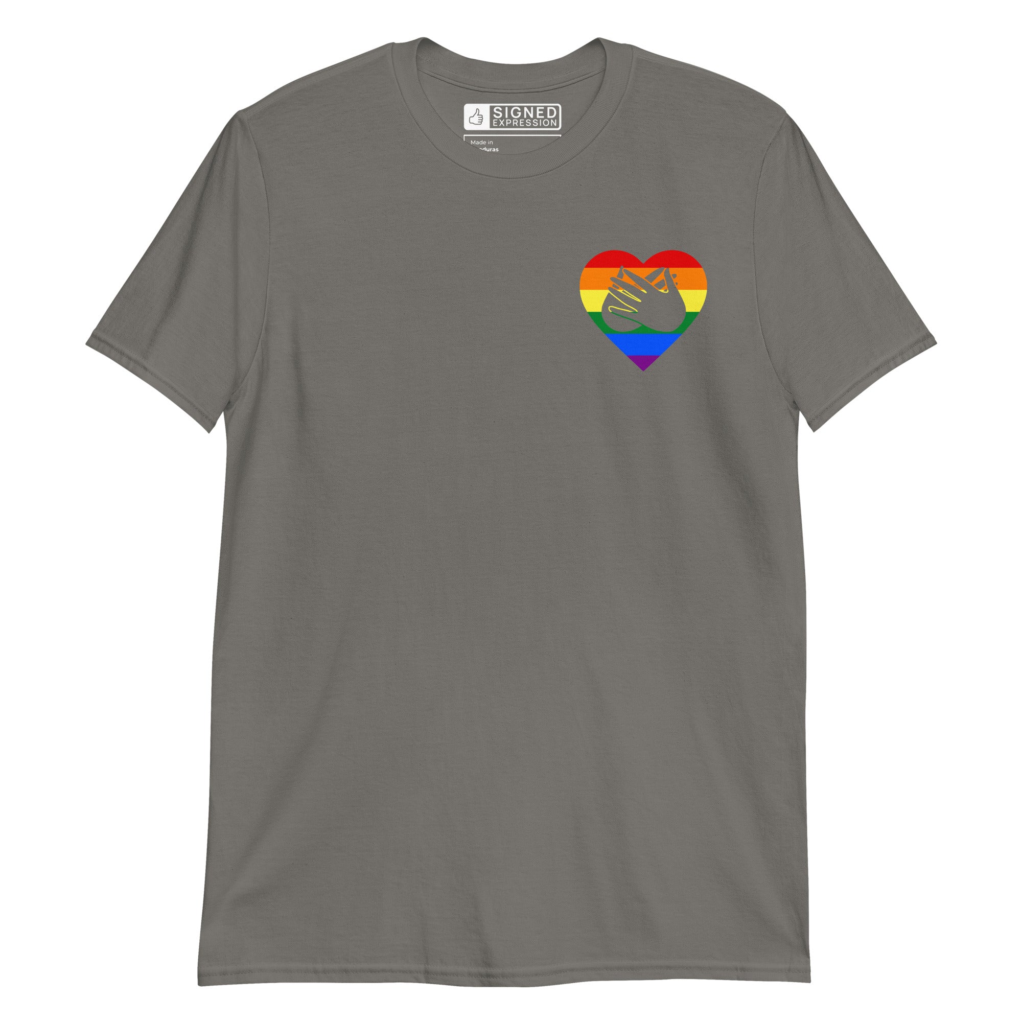 Charcoal coloured T-Shirt showing a pride coloured heart and the iconic BSL Love sign embedded in it on the left side of the chest