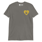Charcoal coloured T-Shirt showing a gold coloured heart and the iconic ASL I Love You sign embedded in it on the left side of the chest