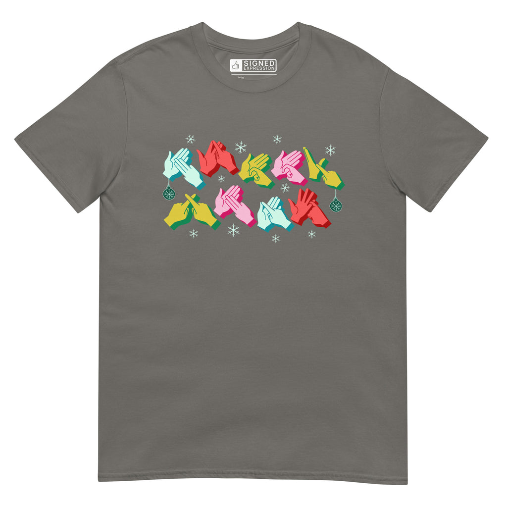 Charcoal coloured Merry Christmas t-shirt with snowflakes and BSL design.