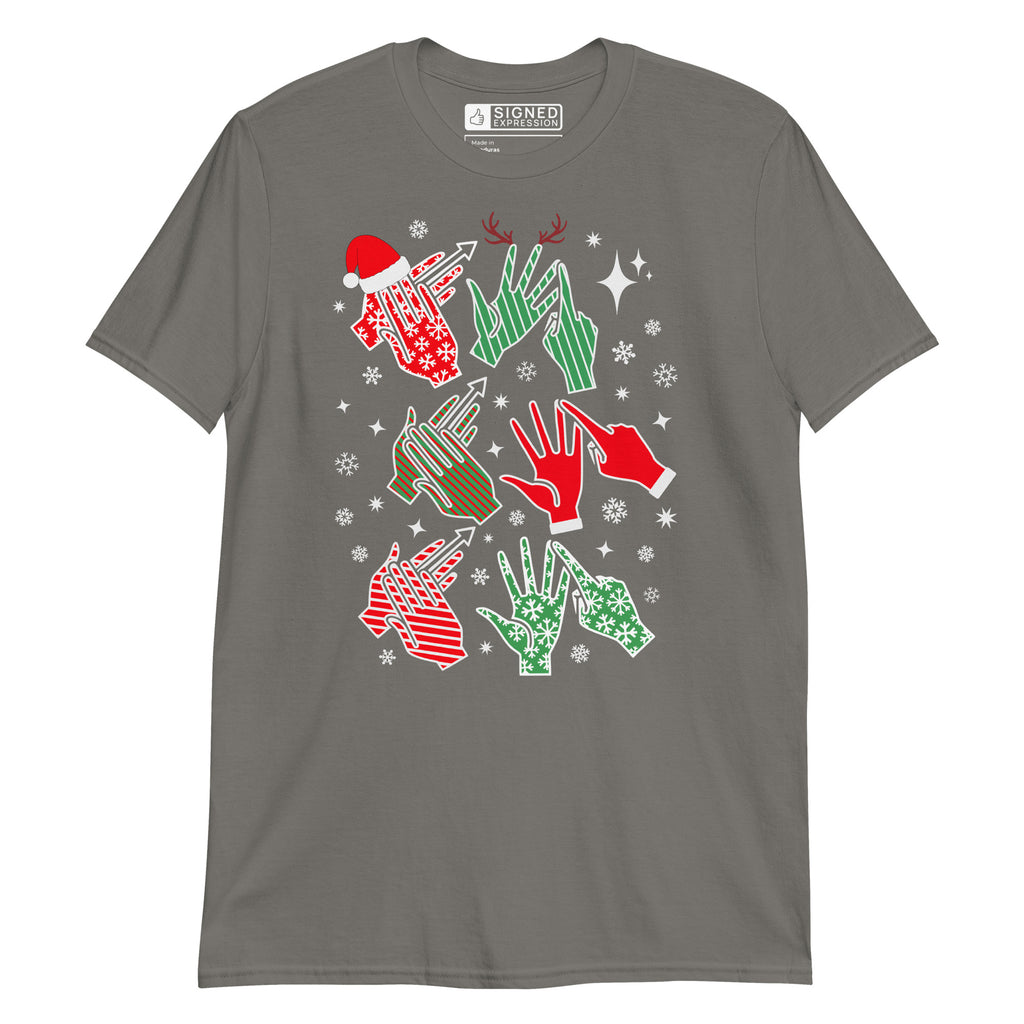 Charcoal coloured t-shirt with Ho Ho Ho BSL fingerspelling design.