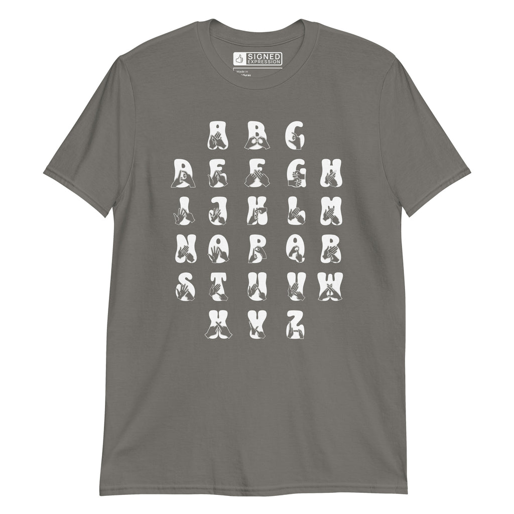 Front view of a charcoal t-shirt with BSL Alphabet - White Fingerspelling & Text