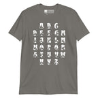 Front view of a charcoal t-shirt with BSL Alphabet - White Fingerspelling & Text