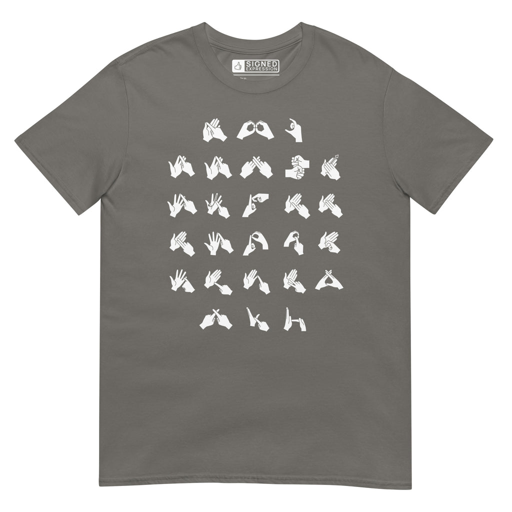 Front view of a charcoal t-shirt with BSL Alphabet - White Fingerspelling