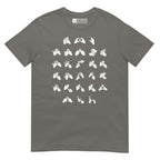 Front view of a charcoal t-shirt with BSL Alphabet - White Fingerspelling