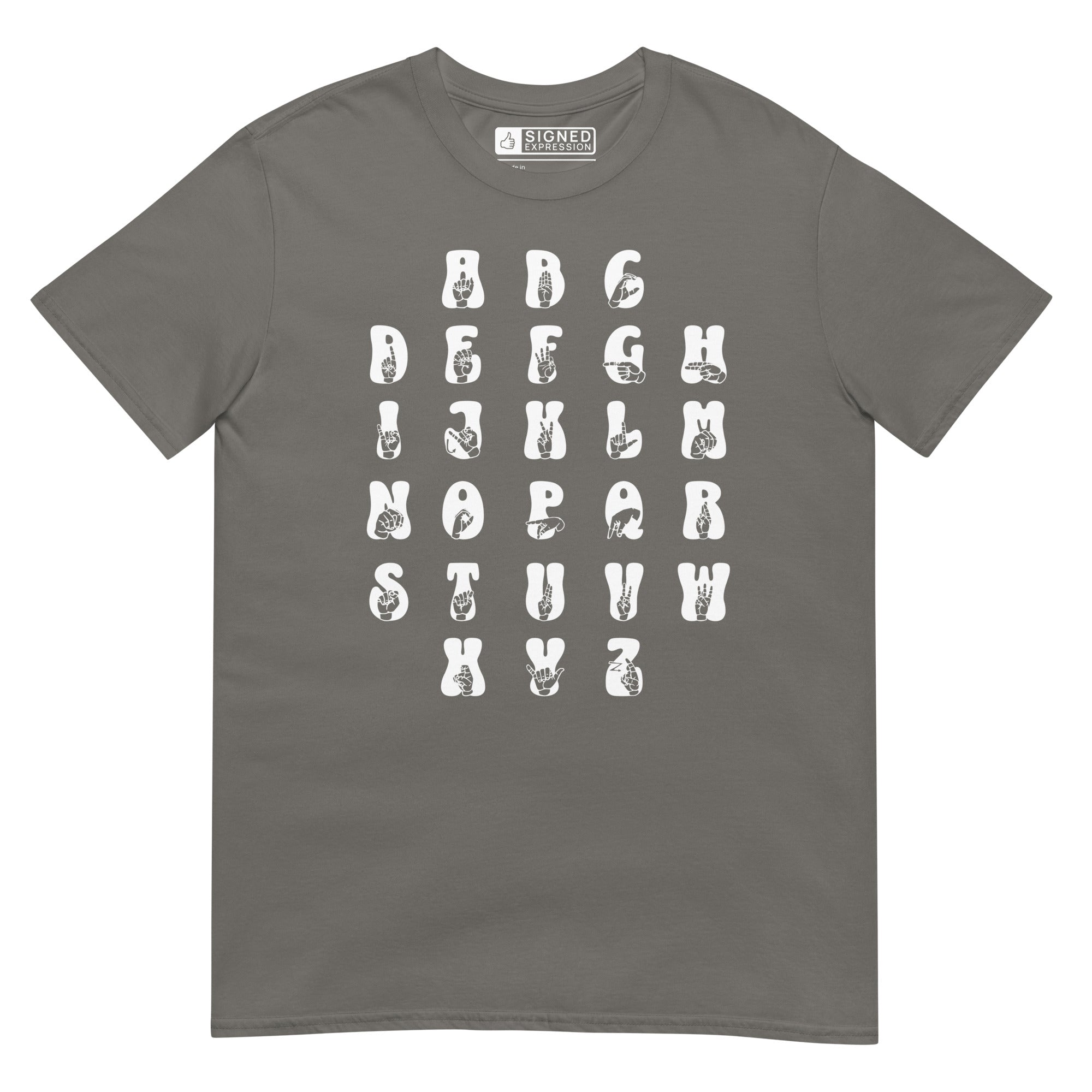 Front view of a charcoal t-shirt with ASL Alphabet - White Fingerspelling & Text