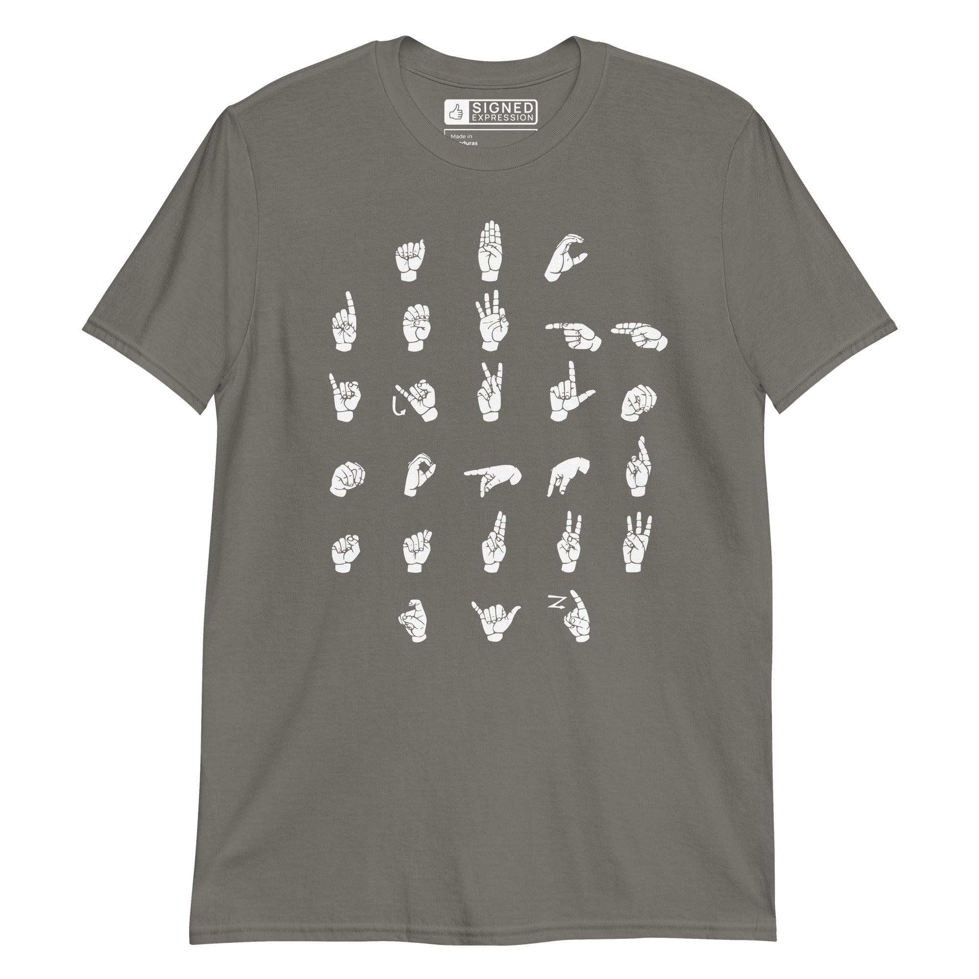 Front view of a charcoal t-shirt with ASL Alphabet - White Fingerspelling