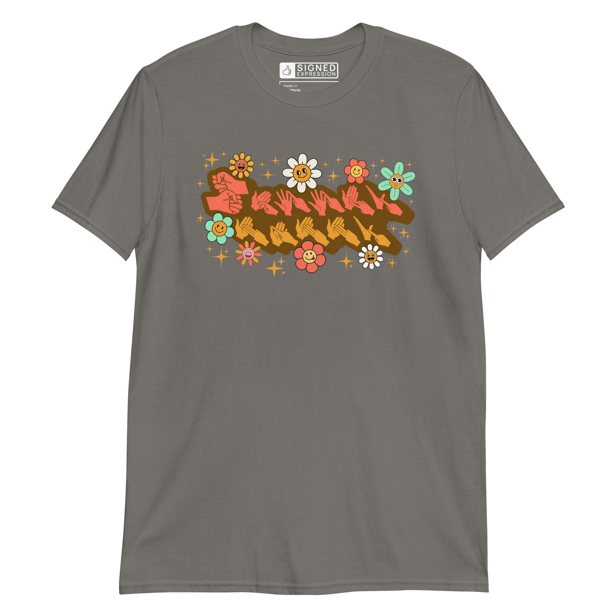 Charcoal coloured T-Shirt showing a Groovy Mammy BSL design