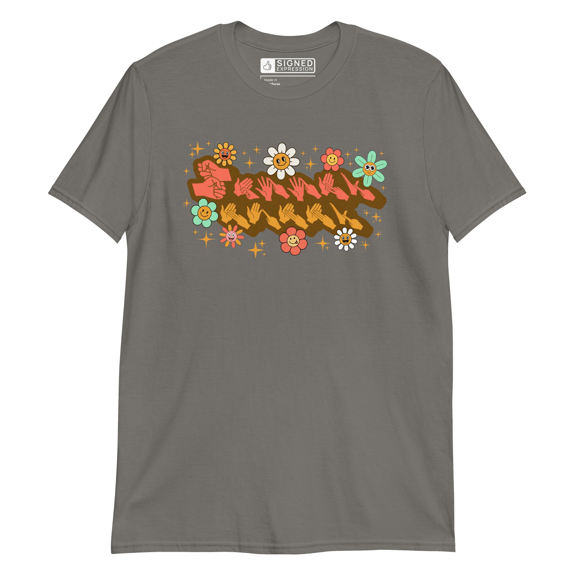 Charcoal coloured T-Shirt showing a Groovy Mummy BSL design